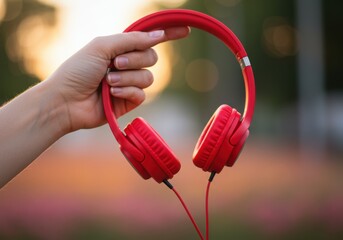 A hand holds vibrant red headphones against a softly blurred, warm-toned outdoor background.