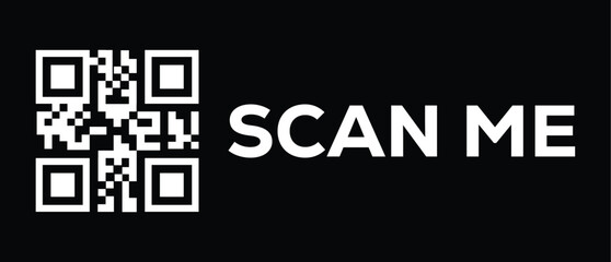 Minimalist black and white QR code with bold "SCAN ME" text in uppercase. Centered, high-contrast design with clean, modern style and frontal view. No background distractions.