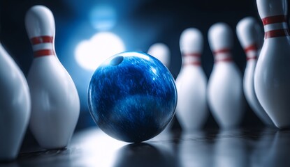 Naklejka premium Blue Bowling Ball Ready to Strike Tenpin Bowling Action Shot