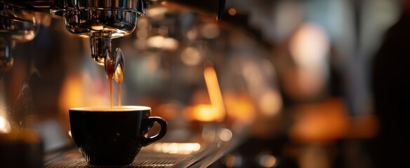The espresso machine perfectly brews a rich coffee cup in a cozy cafe.