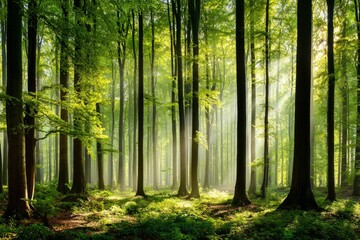 Obraz premium Sunlit Forest Path With Tall Trees And Lush Green Canopy