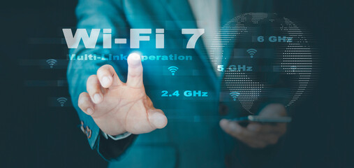 Wi-Fi 7 High-speed wireless Internet modern technology, connecting to the internet world, MultiLink Operation (MLO) wireless network, multiple frequency bands, and smart support communication