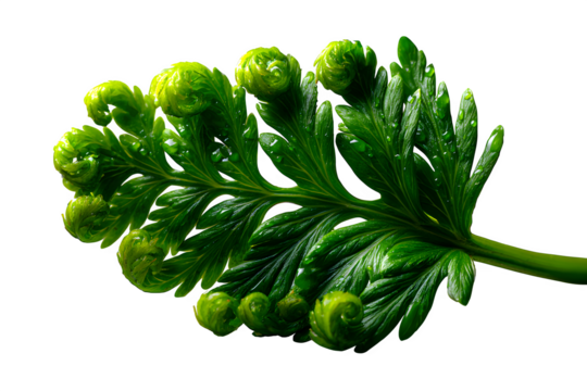Close-up of a detailed fern leaf with feathered blades and curled tips, perfect for overlay or collage design, isolated to transparent background
