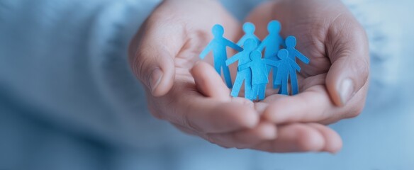 The hands holding blue paper figures representing family and community support.