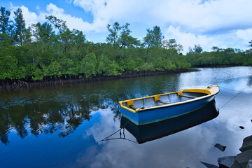 Obraz premium Fishing boat docked in the port launay mangrove, covers 121 hectares of land, Mahe Seychelles