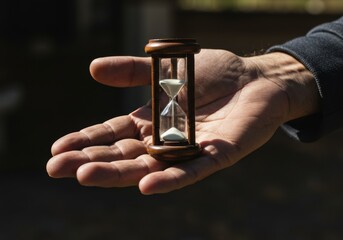 A hand gently cradles a small wooden hourglass with white sand actively falling, set against a dark, softly blurred background.