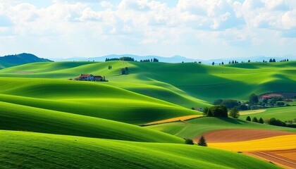 Obraz premium Rolling green hills dotted with a farmhouse and cultivated fields under a sunny summer sky, farm house, country