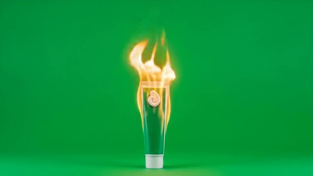 Burning Cream Tube on Green Screen - A tube of cream is engulfed in flames against a vibrant green background.