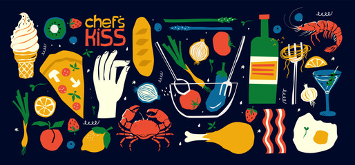 Italian food hand drawn doodle banner. Cartoon detailed flyer. Italy cuisine identity with objects and symbols. Color vector design elements background