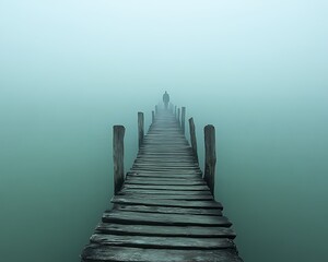 Obraz premium A lone figure walks on a wooden pier in the dense fog