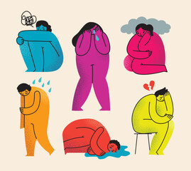 Psychology concept set of the flat vector illustrations. Self-abuse, violence and pressure. Person under overwhelming control, assault. Mental health problem.