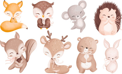 Fototapeta premium set of cute cartoon animal character watercolor style vector format