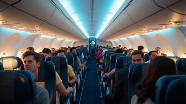 Full airplane cabin interior with passengers seated, viewed down the aisle during a commercial flight, modern aircraft travel.