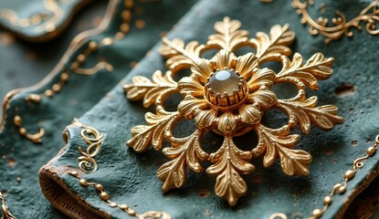 Golden Snowflake Brooch with Gemstone Centerpiece on Embossed Leather