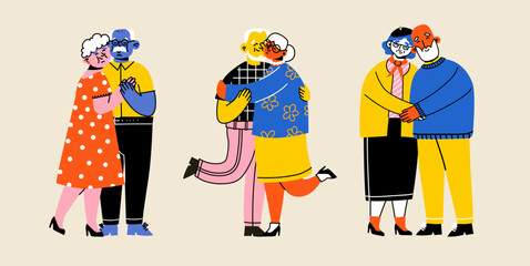 Cute elderly couples. Happy seniors together. Old men and women, spouses. Vector doodle cartoon illustration in flat style