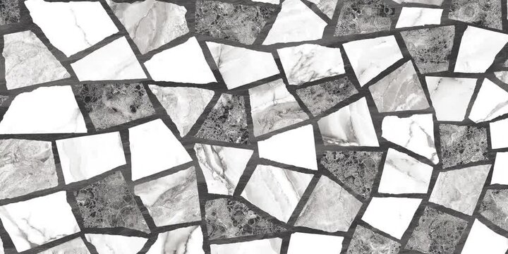 Abstract black and white mosaic tile pattern with irregular marble pieces, perfect for walls, flooring, backgrounds, and modern interiors.