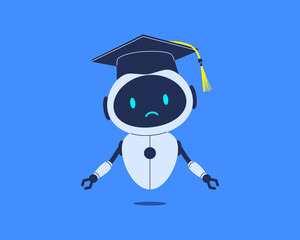 Confused robot in student cap with arms out. Vector illustration for AI assistant, academic questions and education theme