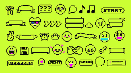 Pixels Y2k funny stickers. 8-bit retro style vector illustration for social media. Set of emoticons pixel art. Emoji pixelated icons. Various faces