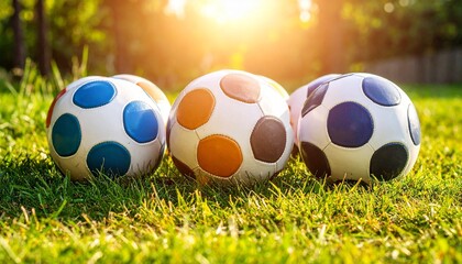 Obraz premium Three soccer balls—blue-white, orange-white, and black-white—on green grass with warm sunlight in the background