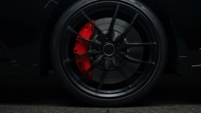 Car wheel spinning with red brake caliper, motion blur effect, automotive performance video