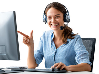Support Specialist: A young, friendly woman equipped with a headset and monitor radiates professionalism as she assists clients with a warm smile and an inviting gesture.