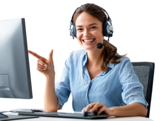 Support Specialist: A young, friendly woman equipped with a headset and monitor radiates professionalism as she assists clients with a warm smile and an inviting gesture.