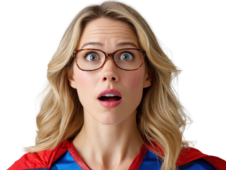 Surprised Superheroine: A close-up portrait of a blonde woman wearing glasses and a superhero cape, her expression conveying shock and surprise.