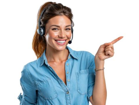 Smiling Customer Service Agent: A friendly female customer service representative with a headset, smiles warmly and points to the side, ready to assist.  