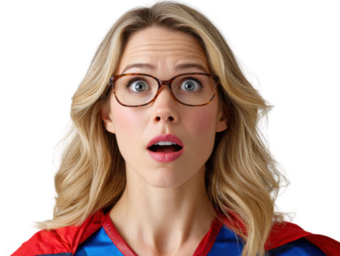 Surprised Superheroine: A close-up portrait of a blonde woman wearing glasses and a superhero cape, her expression conveying shock and surprise.
