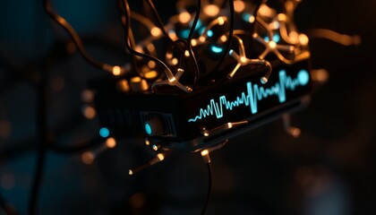 Illuminated Sound Device with Light Strings and Audio Waveform in Dark Environment