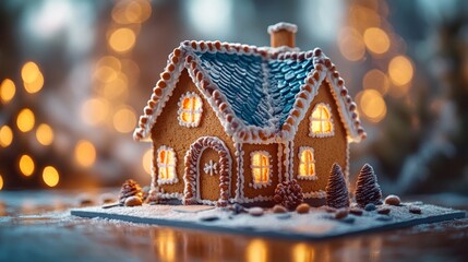 Gingerbread house with snow christmas decoration
