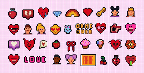 Y2k pixel art icon set with hearts, smile face and speech bubbles. Mood of 90's. 8 bit editable pixel vector illustration. Game abstract Happy Valentines Day elements.