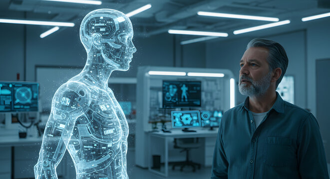 Advanced AI, futuristic robot and human connection. technology interaction.