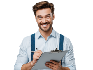 Portrait of a Businessman with a Clipboard: A professional man, exuding confidence and approachability, is meticulously documenting with his pen on a clipboard. This image speaks of organization.