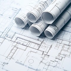 Professional architect workspace shows printed building plans spread neatly high resolution picture