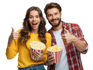 Movie Night Fun: A cheerful couple beams with excitement, holding large buckets of popcorn, thumbs up in delight. capturing a playful atmosphere of anticipation and enjoyment. 