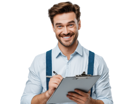 Portrait of a Businessman with a Clipboard: A professional man, exuding confidence and approachability, is meticulously documenting with his pen on a clipboard. This image speaks of organization.