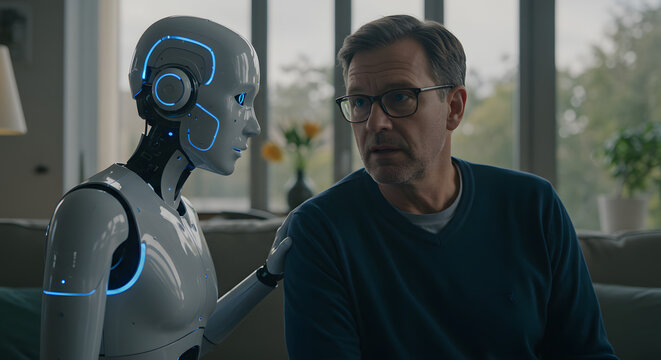 Advanced AI, futuristic robot and human connection. technology interaction.