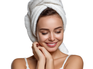 Serene Beauty: A woman with a radiant smile and fresh skin wrapped in a towel. capturing the essence of self-care and relaxation.