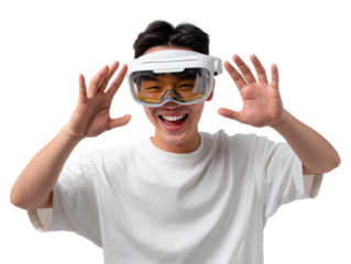 Goggled Delight: A young individual, brimming with delight, sports immersive tech, embracing virtual reality and technological advancement.