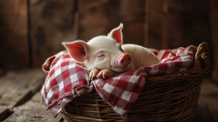 A fluffy piglet cuddled up in a wicker basket with a checkered cloth, perfect for a rural farm-themed nursery scene 