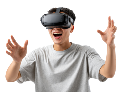 Virtual Reality Immersion: A young man is fully immersed in the digital world, expressing awe and wonder while experiencing the immersive virtual reality.