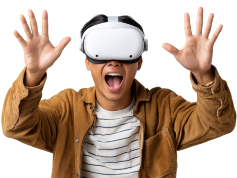 Immersive Reality Experience: A person fully immersed in a virtual world, eyes covered with VR glasses, expressing pure joy and excitement. 