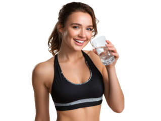 Hydration After Workout: A Smiling fitness woman, refreshed, holding and drinking pure water in a photorealistic image of health and wellbeing.