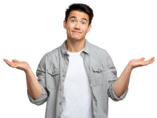 Uncertainty and Hesitation: A young man, with an expression of bewilderment, shrugs his shoulders and opens his palms, capturing a moment of indecision or confusion.