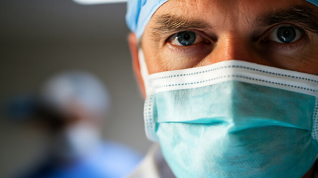 Close-up of a healthcare professional wearing a surgical mask - Powered by Adobe