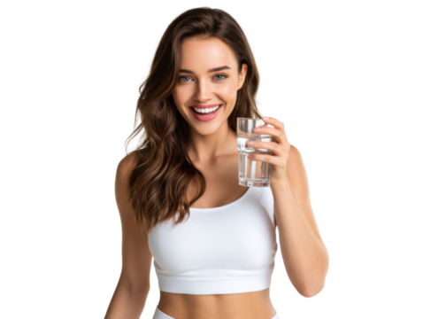 Refreshment and Radiant: A cheerful woman embraces wellness as she smiles and holds a glass of water, embodying hydration and health, reflecting her vitality.