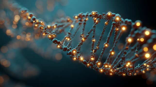 an artistic render of the DNA replication process, showing the double helix unwinding and new strands being synthesized by glowing, complex protein machinery, scientific visualization