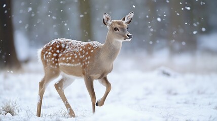 Obraz premium A young fawn strolls through deep snowflakes in a tranquil winter forest setting.