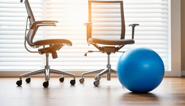 Office chairs and blue exercise ball in sunlit workspace  